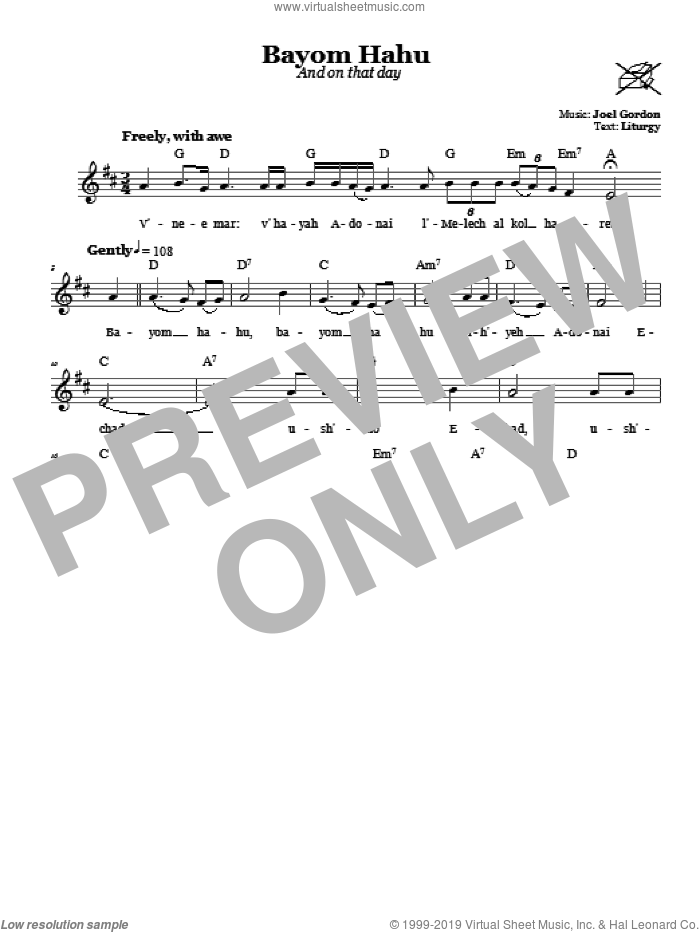 Bayom Hahu (And On That Day) sheet music for voice and other instruments (fake book) by Joel Gordon, intermediate skill level