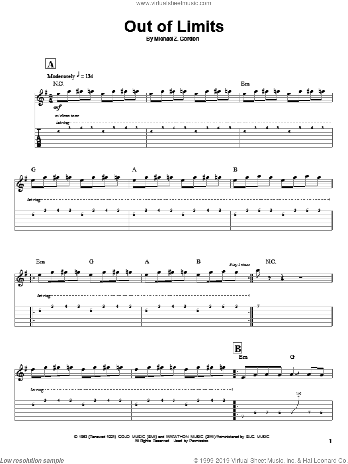 Out Of Limits sheet music for guitar (tablature, play-along) by The Ventures, The Marketts and Michael Z. Gordon, intermediate skill level