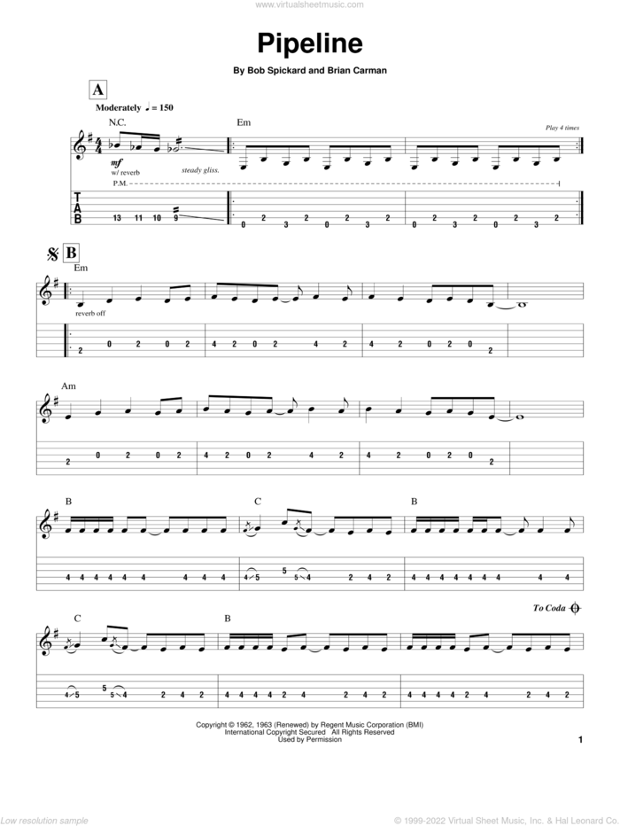 Pipeline sheet music for guitar (tablature, play-along) by The Chantays, The Ventures, Bob Spickard and Brian Carman, intermediate skill level