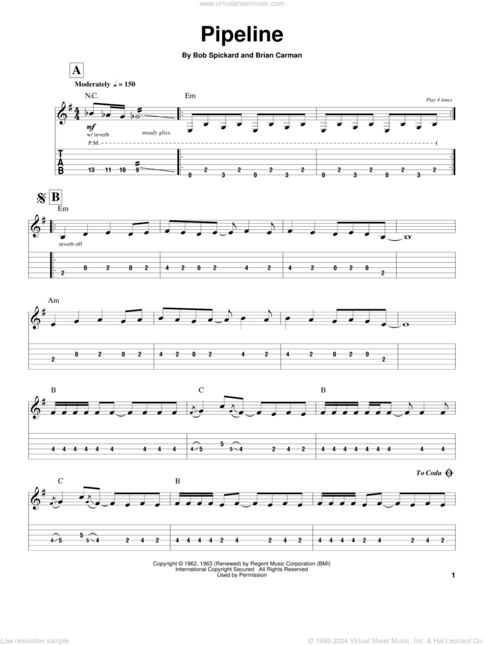 Pipeline sheet music for guitar (tablature, play-along) by The Chantays, The Ventures, Bob Spickard and Brian Carman, intermediate skill level