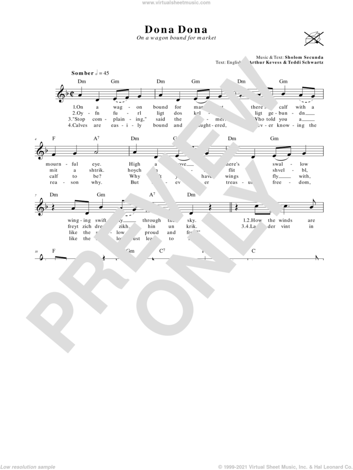 Dona Dona (On A Wagon Bound For Market) sheet music for voice and other instruments (fake book) by Teddi Schwartz and Arthur Kevess, intermediate skill level