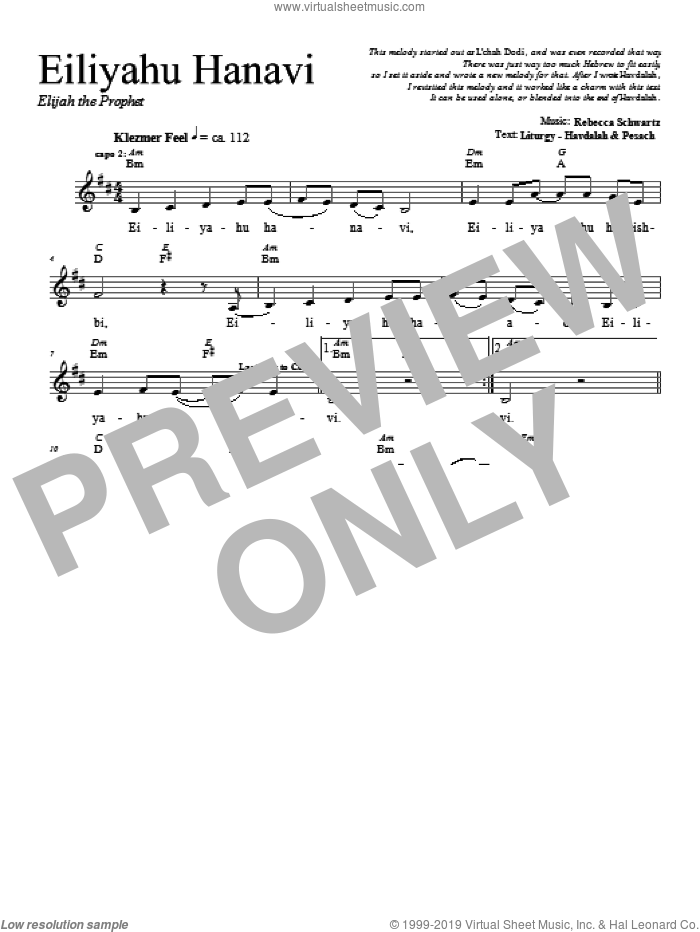 Eiliyahu Hanavi sheet music for voice and other instruments (fake book) by Rebecca Schwartz, intermediate skill level