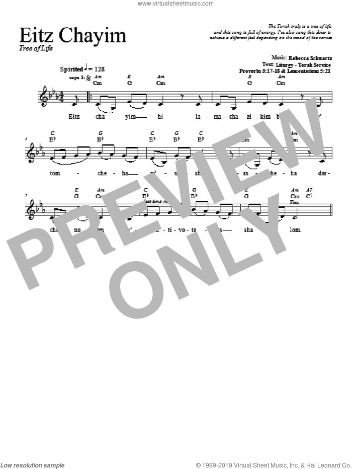 Eitz Chayim sheet music for voice and other instruments (fake book) by Rebecca Schwartz, intermediate skill level