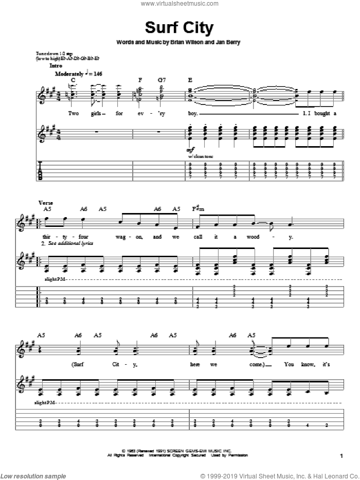 Surf City sheet music for guitar (tablature, play-along) by Jan & Dean, Brian Wilson and Jan Berry, intermediate skill level