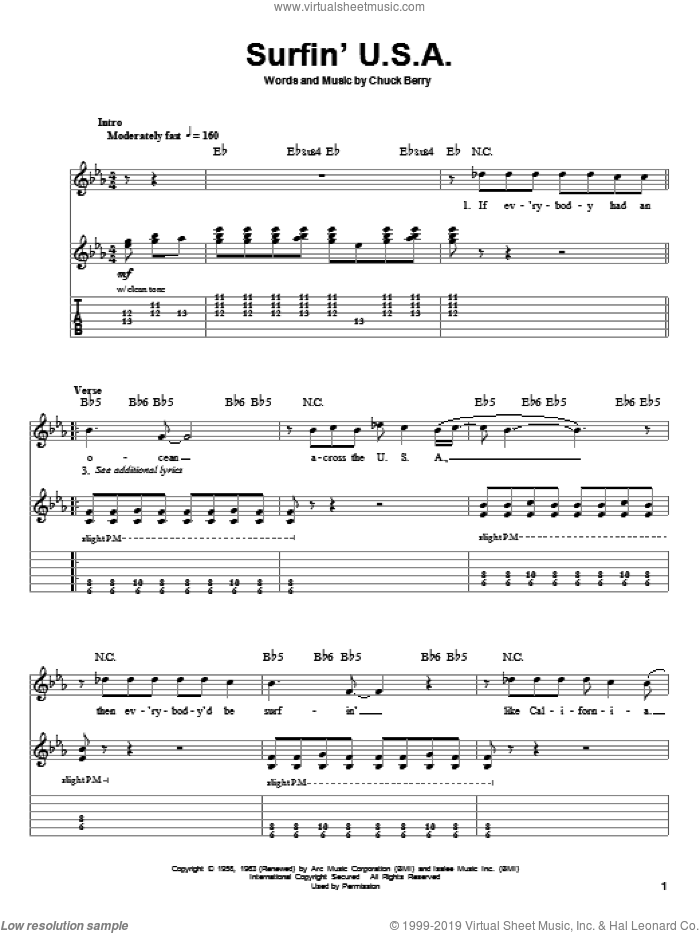 Surfin' U.S.A. sheet music for guitar (tablature, play-along) by The Beach Boys, Brian Wilson and Chuck Berry, intermediate skill level