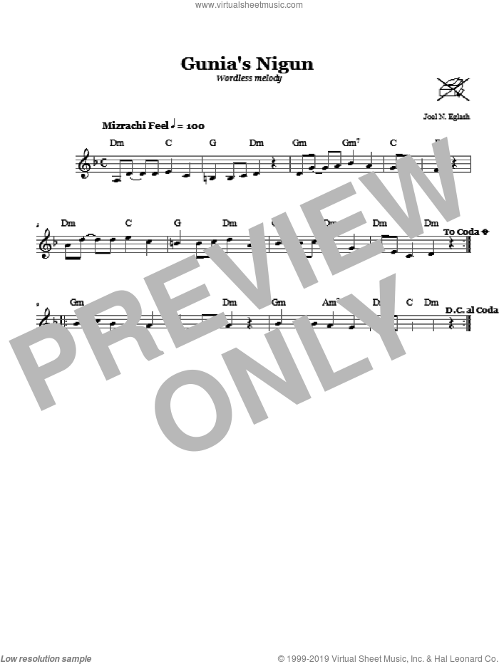 Gunia's Nigun (Wordless Melody) sheet music for voice and other instruments (fake book) by Joel N. Eglash, intermediate skill level