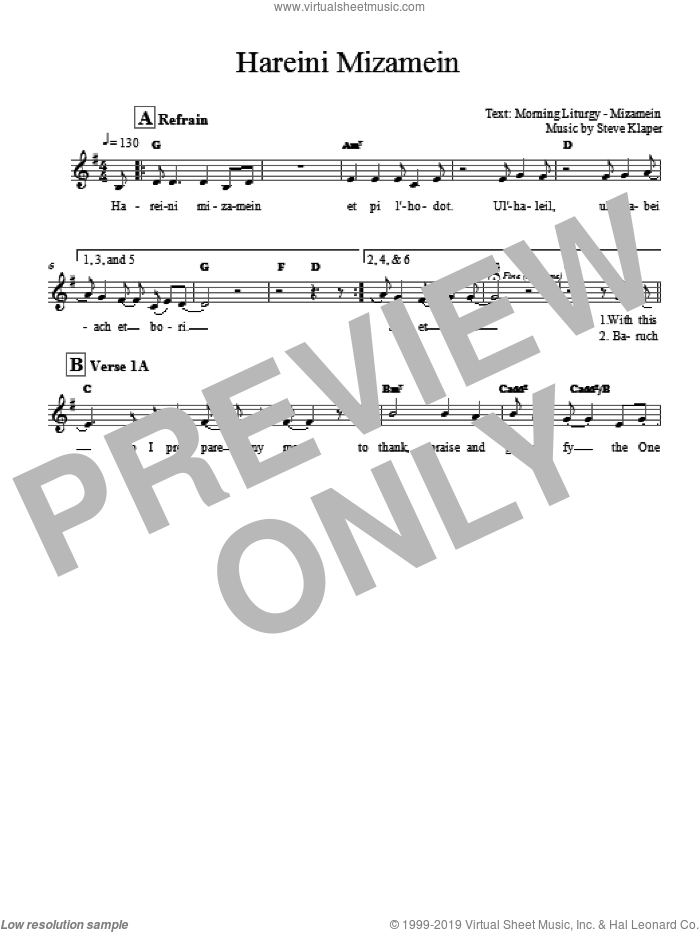 Hareini Mizamein sheet music for voice and other instruments (fake book) by Steve Klaper, intermediate skill level
