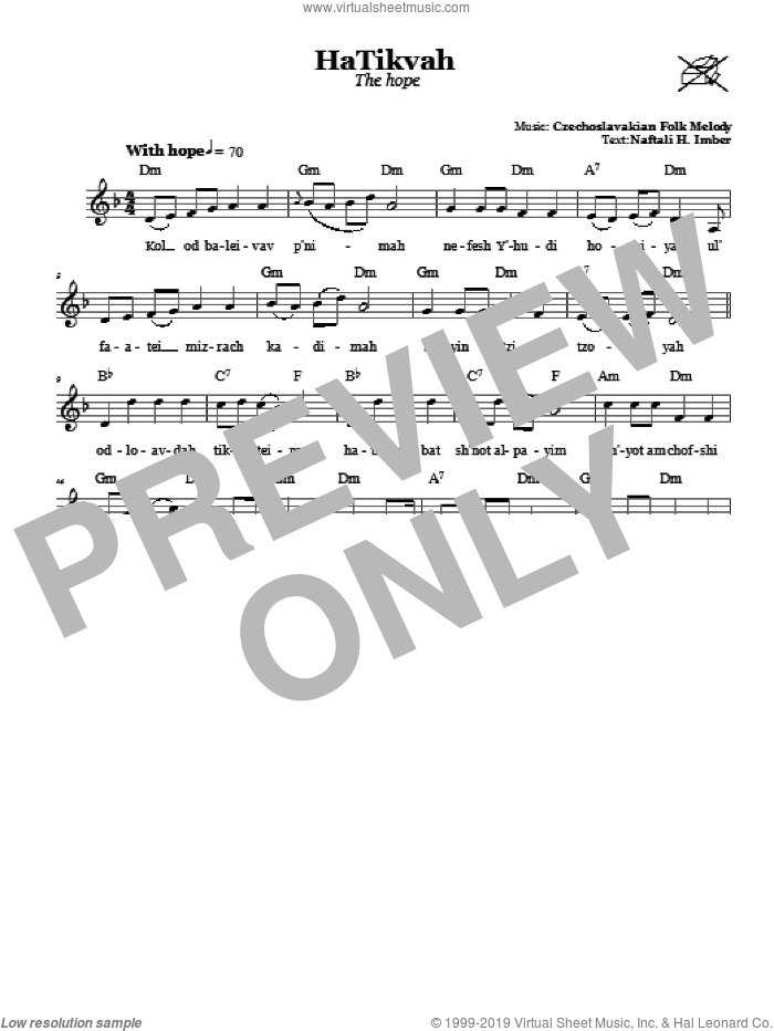 HaTikvah (The Hope) sheet music for voice and other instruments (fake book) by Naftali Herz Imber, intermediate skill level