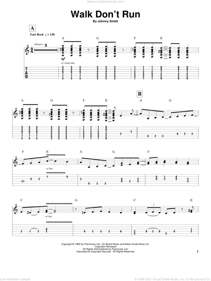 Walk Don't Run sheet music for guitar (tablature, play-along) by The Ventures and Johnny Smith, intermediate skill level