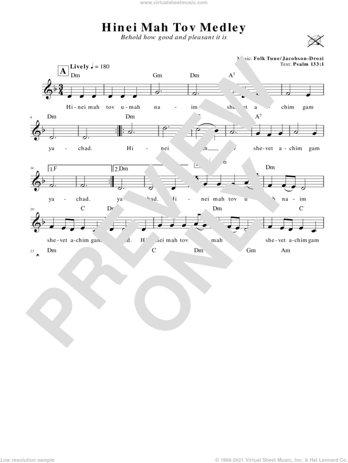 Hinei Mah Tov Medley (Behold How Good And Pleasant It Is) sheet music for voice and other instruments (fake book)  and Jacobson-Drozi, intermediate skill level