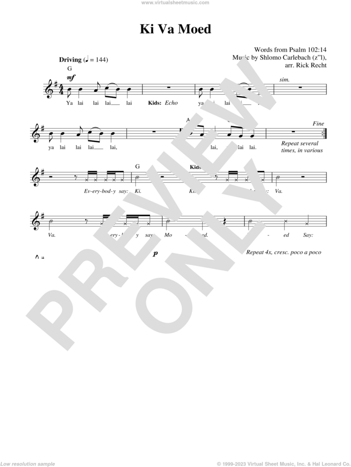Ki Va Moed sheet music for voice and other instruments (fake book) by Rick Recht, Rabbi Shlomo Carlebach and Shlomo Carlebach, intermediate skill level