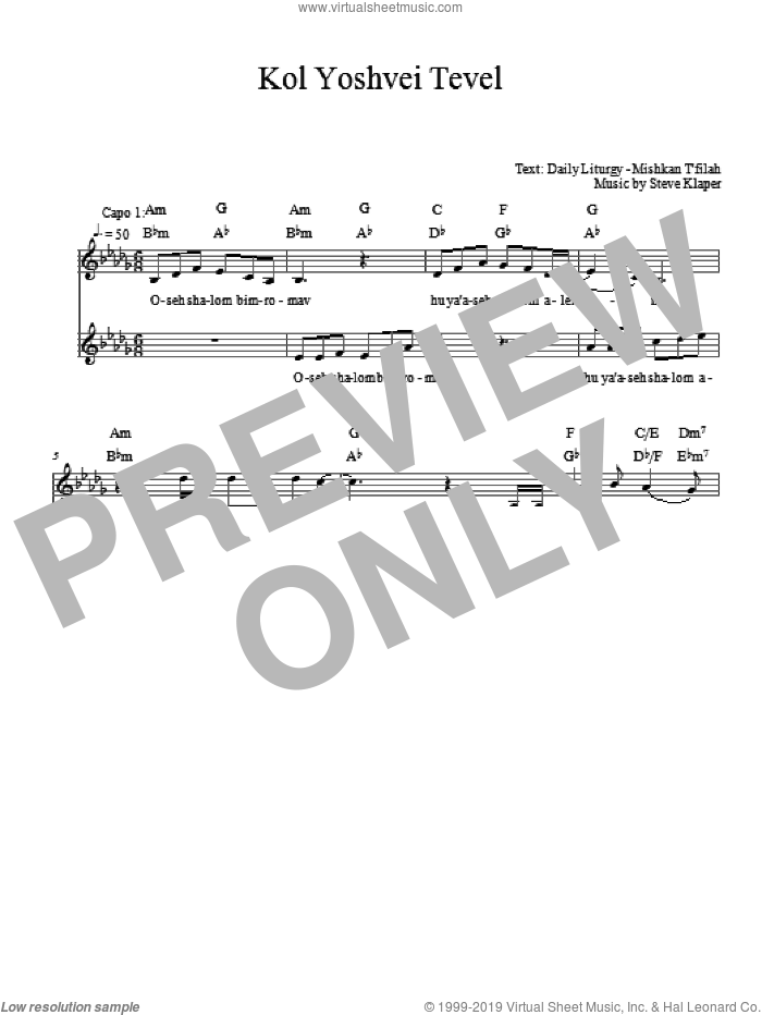 Kol Yoshvei Tevel sheet music for voice and other instruments (fake book) by Steve Klaper, intermediate skill level