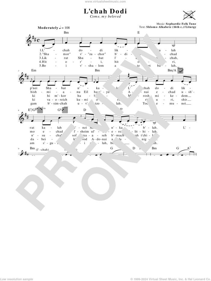 L'chah Dodi (Come, My Beloved) sheet music for voice and other instruments (fake book), intermediate skill level