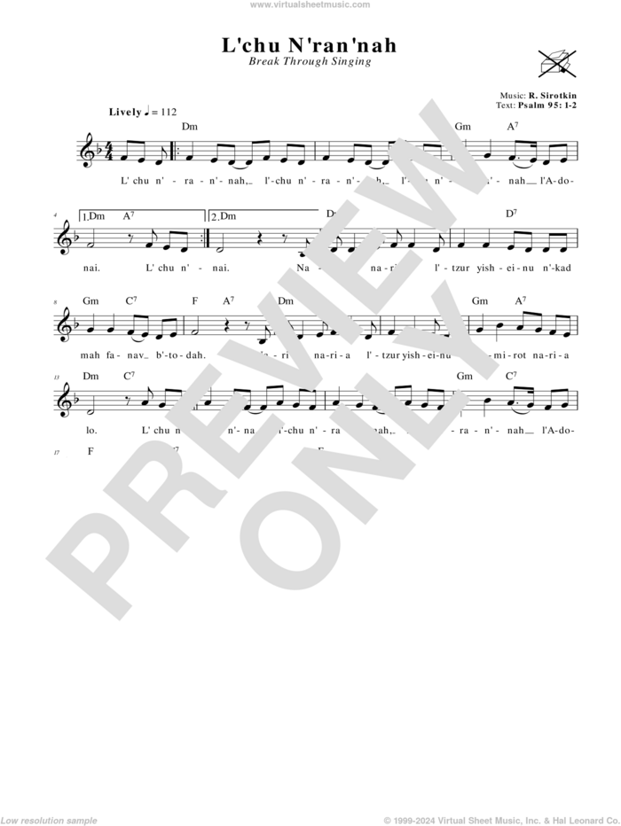 L'chu N'ran'nah (Break Through Singing) sheet music for voice and other instruments (fake book) by R. Sirotkin, intermediate skill level