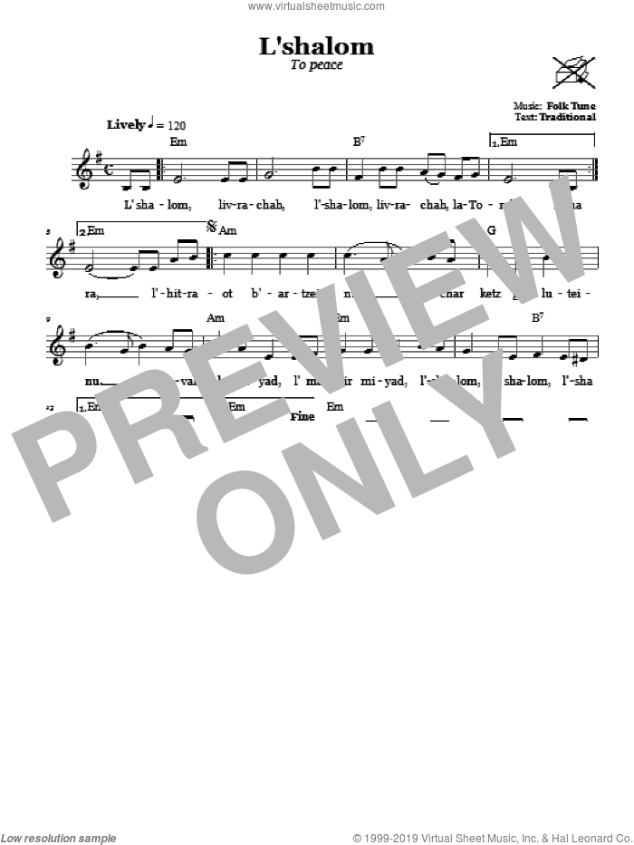 L'shalom (To Peace) sheet music for voice and other instruments (fake book), intermediate skill level