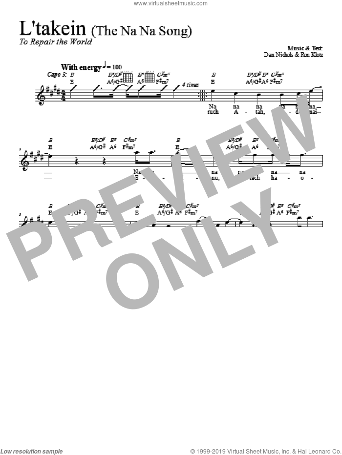 L'takein (The Na Na Song) sheet music for voice and other instruments (fake book) by Dan Nichols, intermediate skill level