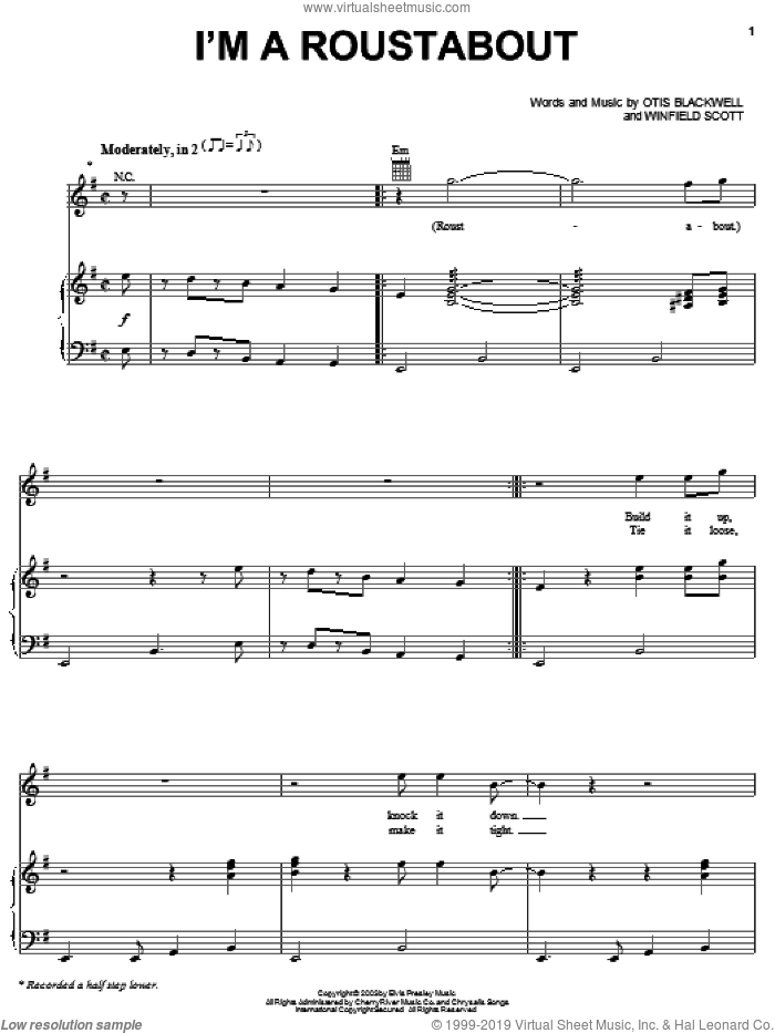 I'm A Roustabout sheet music for voice, piano or guitar by Elvis Presley, Otis Blackwell and Winfield Scott, intermediate skill level