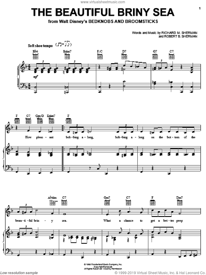 The Beautiful Briny Sea sheet music for voice, piano or guitar by Sherman Brothers, Richard M. Sherman and Robert B. Sherman, intermediate skill level