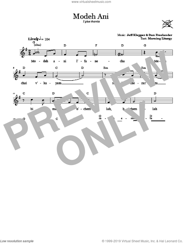 Modeh Ani (I Give Thanks) sheet music for voice and other instruments (fake book) by Dan Freelander, intermediate skill level