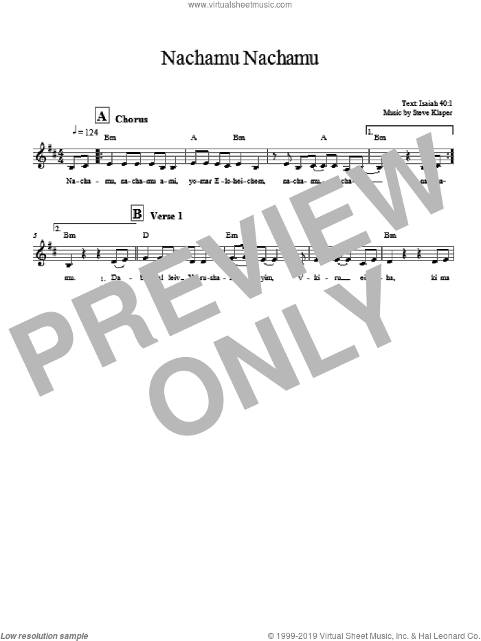 Nachamu Nachamu sheet music for voice and other instruments (fake book) by Steve Klaper, intermediate skill level