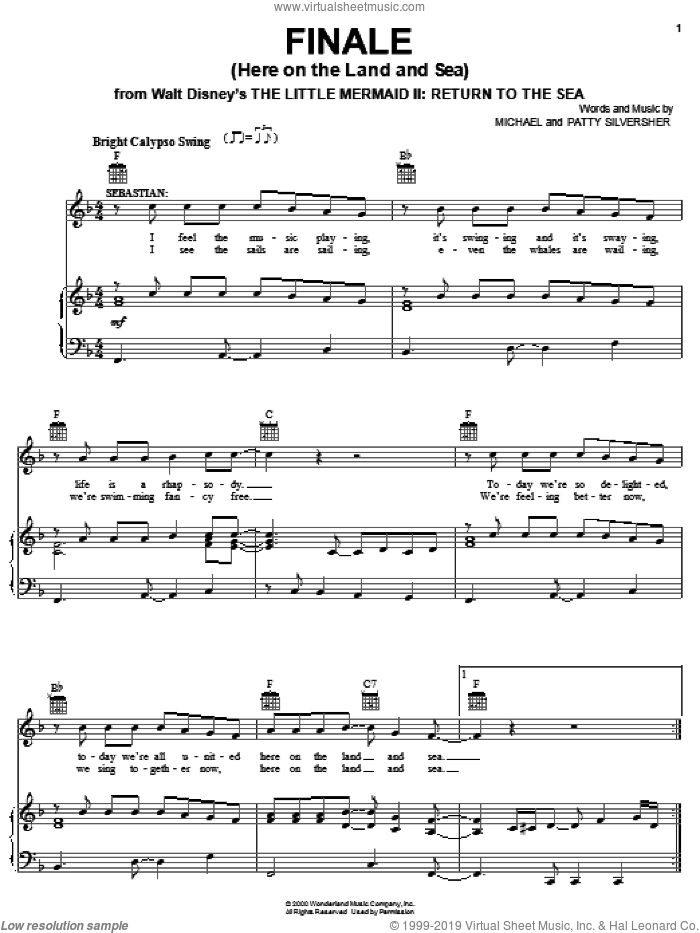 Finale (Here On The Land And Sea) sheet music for voice, piano or guitar by Jodi Benson, Michael Silversher and Patty Silversher, intermediate skill level