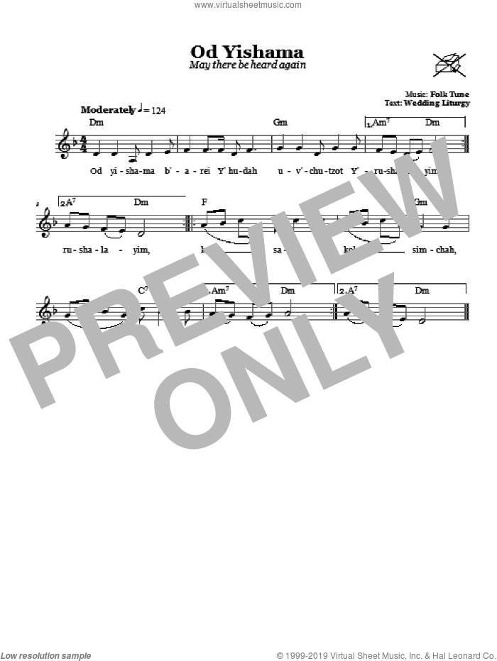 Od Yishama (May There Be Heard Again) sheet music for voice and other instruments (fake book), intermediate skill level