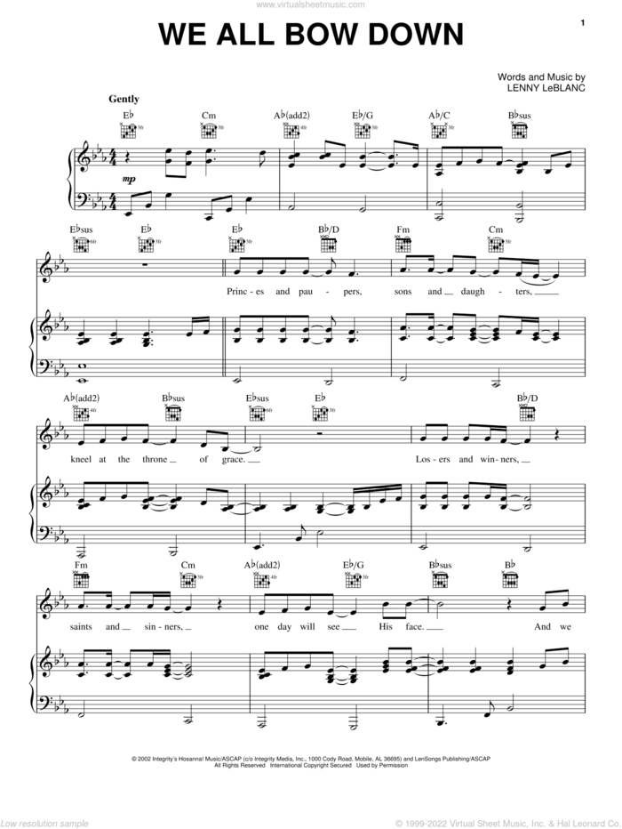We All Bow Down sheet music for voice, piano or guitar by Lenny LeBlanc, intermediate skill level