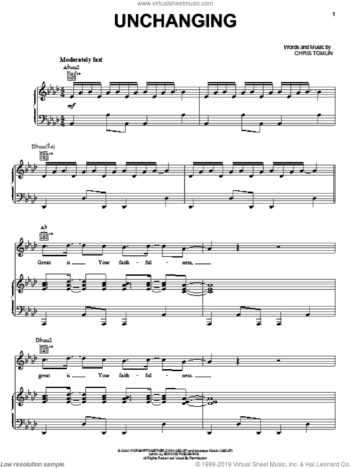 Unchanging sheet music for voice, piano or guitar by Chris Tomlin, intermediate skill level