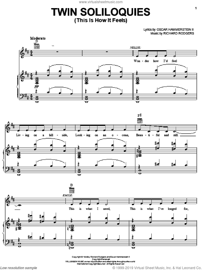 Twin Soliloquies (This Is How It Feels) sheet music for voice, piano or guitar by Rodgers & Hammerstein, Mary Martin, South Pacific (Musical), Oscar II Hammerstein and Richard Rodgers, intermediate skill level
