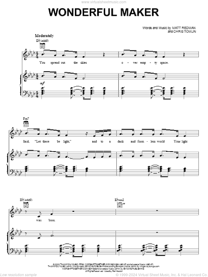 Wonderful Maker sheet music for voice, piano or guitar by Jeremy Camp, Chris Tomlin and Matt Redman, intermediate skill level