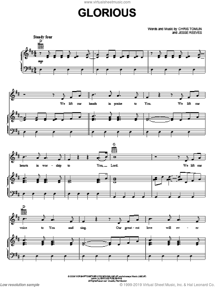 Glorious sheet music for voice, piano or guitar by Chris Tomlin and Jesse Reeves, intermediate skill level