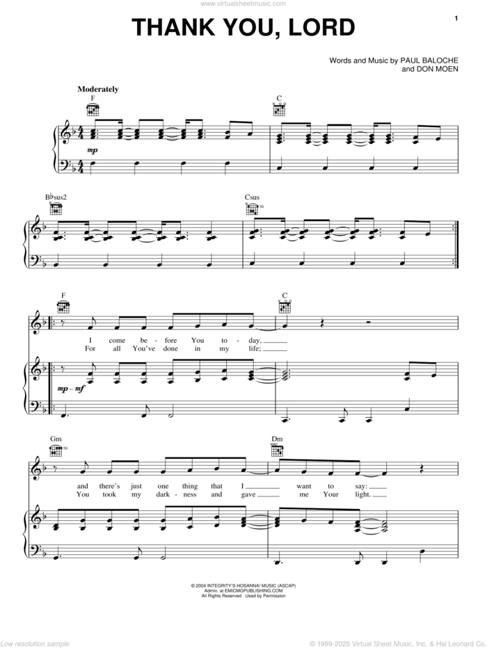 Thank You, Lord sheet music for voice, piano or guitar by Paul Baloche and Don Moen, intermediate skill level