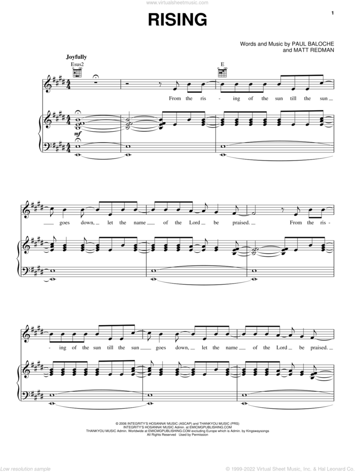 Rising sheet music for voice, piano or guitar by Paul Baloche and Matt Redman, intermediate skill level