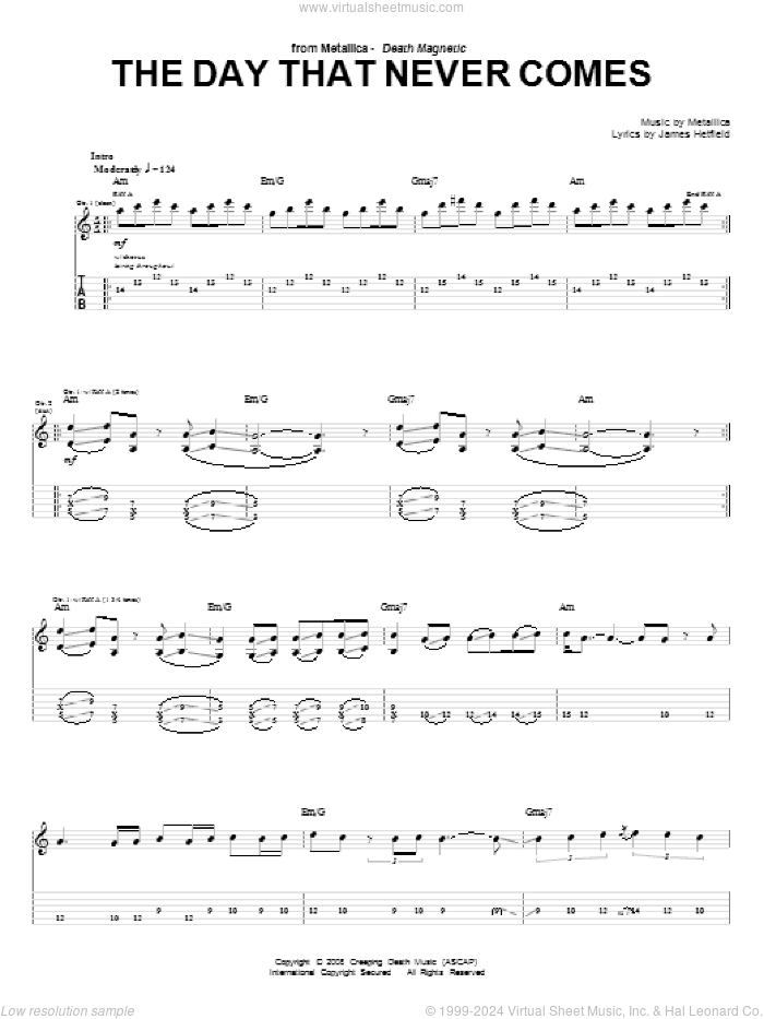 The Day That Never Comes sheet music for guitar (tablature) by Metallica and James Hetfield, intermediate skill level