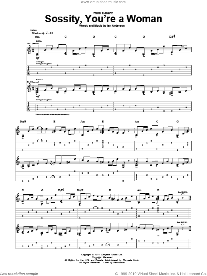 Sossity, You're A Woman sheet music for guitar (tablature) by Jethro Tull and Ian Anderson, intermediate skill level