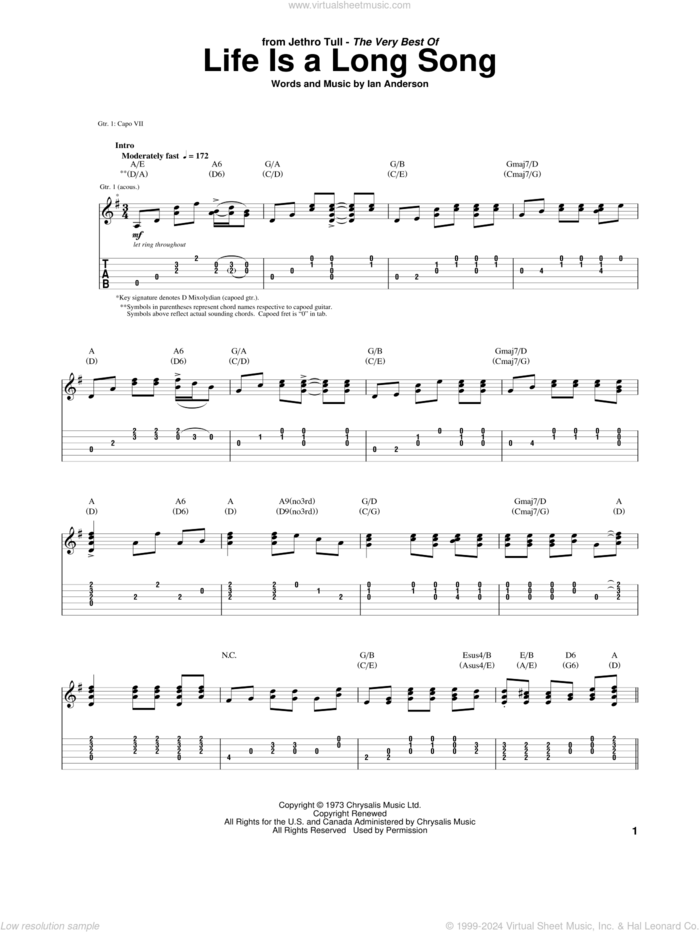 Life Is A Long Song sheet music for guitar (tablature) by Jethro Tull and Ian Anderson, intermediate skill level