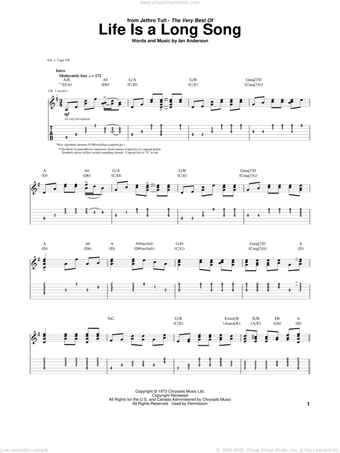 Life Is A Long Song sheet music for guitar (tablature) by Jethro Tull and Ian Anderson, intermediate skill level