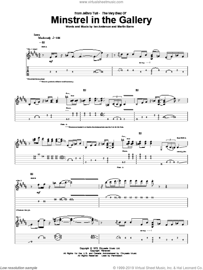 Minstrel In The Gallery sheet music for guitar (tablature) by Jethro Tull, Ian Anderson and Martin Barre, intermediate skill level