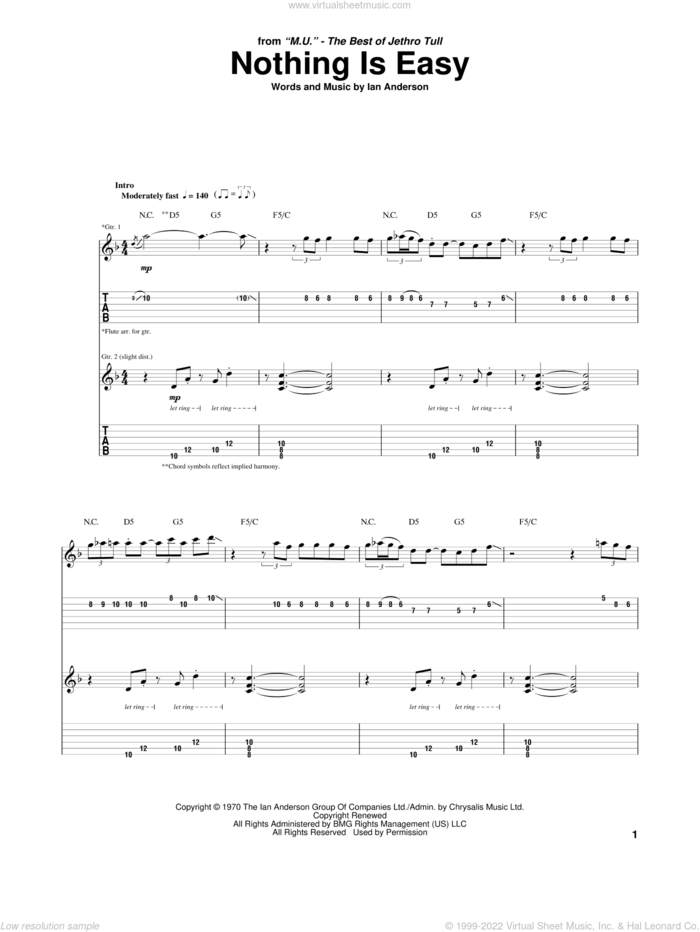 Nothing Is Easy sheet music for guitar (tablature) by Jethro Tull and Ian Anderson, intermediate skill level