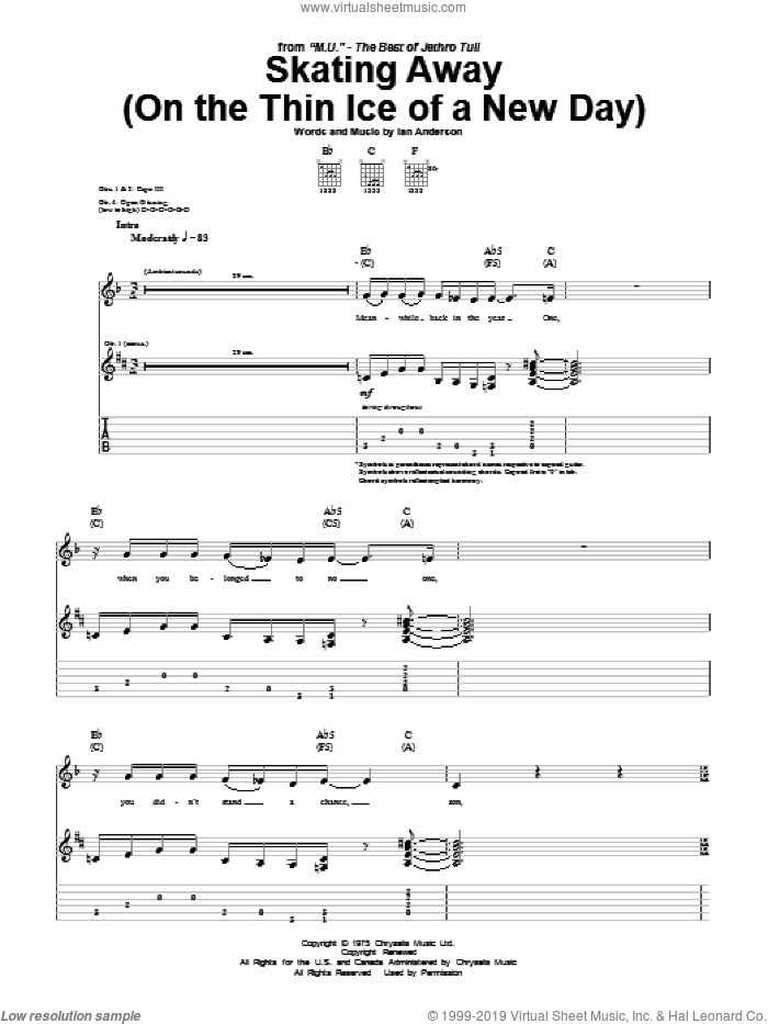 Skating Away (On The Thin Ice Of A New Day) sheet music for guitar (tablature) by Jethro Tull and Ian Anderson, intermediate skill level