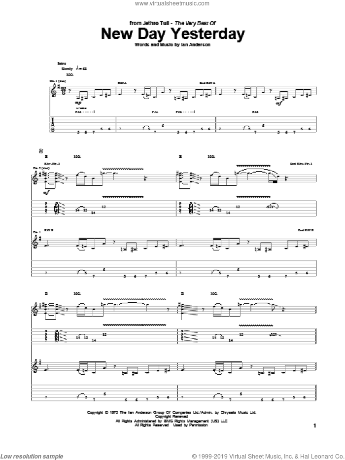 New Day Yesterday sheet music for guitar (tablature) by Jethro Tull and Ian Anderson, intermediate skill level