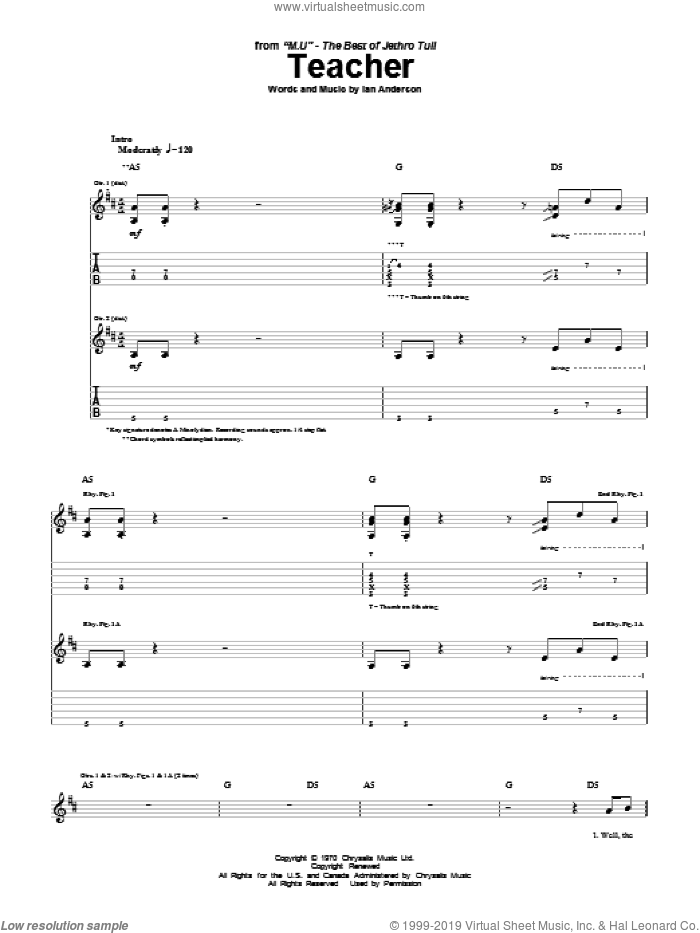 Teacher sheet music for guitar (tablature) by Jethro Tull and Ian Anderson, intermediate skill level