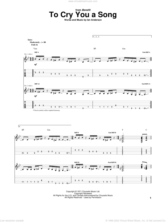 To Cry You A Song sheet music for guitar (tablature) by Jethro Tull and Ian Anderson, intermediate skill level