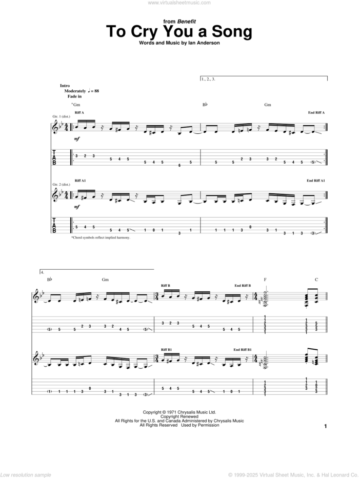 To Cry You A Song sheet music for guitar (tablature) by Jethro Tull and Ian Anderson, intermediate skill level