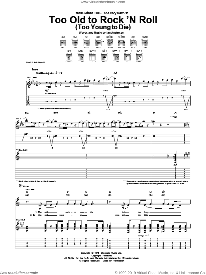 Too Old To Rock 'N Roll (Too Young To Die) sheet music for guitar (tablature) by Jethro Tull and Ian Anderson, intermediate skill level
