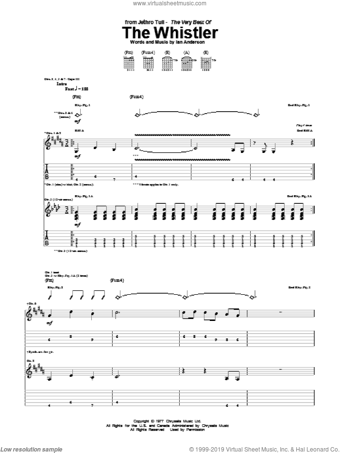 The Whistler sheet music for guitar (tablature) by Jethro Tull and Ian Anderson, intermediate skill level