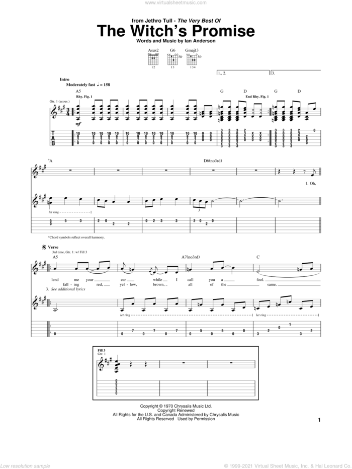 The Witch's Promise sheet music for guitar (tablature) by Jethro Tull and Ian Anderson, intermediate skill level