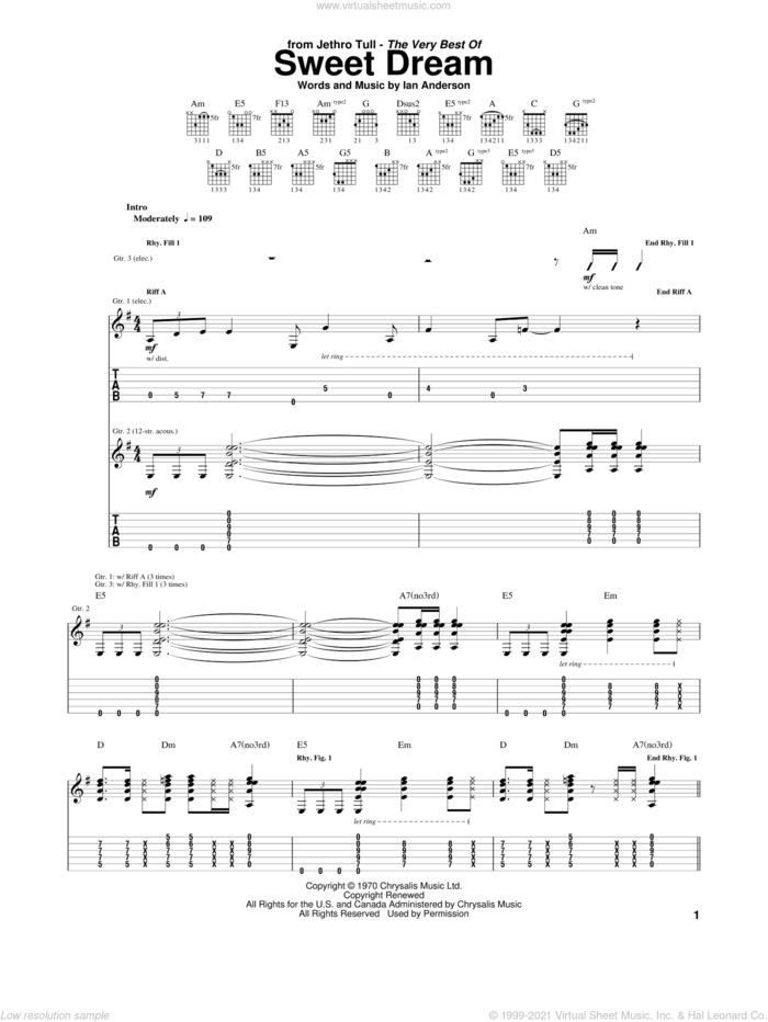 Sweet Dream sheet music for guitar (tablature) by Jethro Tull and Ian Anderson, intermediate skill level
