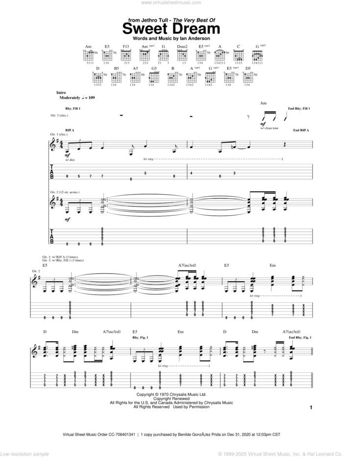 Sweet Dream sheet music for guitar (tablature) by Jethro Tull and Ian Anderson, intermediate skill level