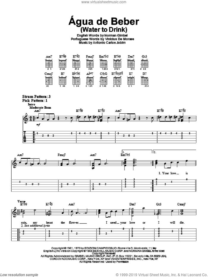 Agua De Beber (Water To Drink) sheet music for guitar solo (easy tablature) by Antonio Carlos Jobim, Norman Gimbel and Vinicius de Moraes, easy guitar (easy tablature)